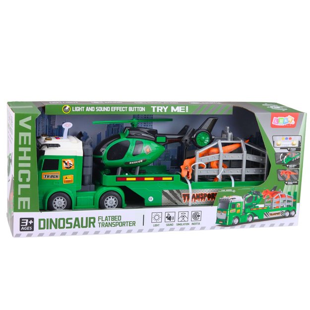 Dinosaur Transport Set: Truck, Tow Truck, Helicopter, Lights, Sound 6