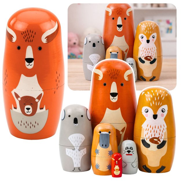 Medinis bokšto matrioškos dėlionė - miško gyvūnai - 6 vnt. rinkinys