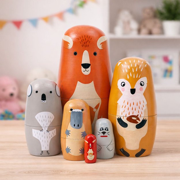 Medinis bokšto matrioškos dėlionė - miško gyvūnai - 6 vnt. rinkinys 2
