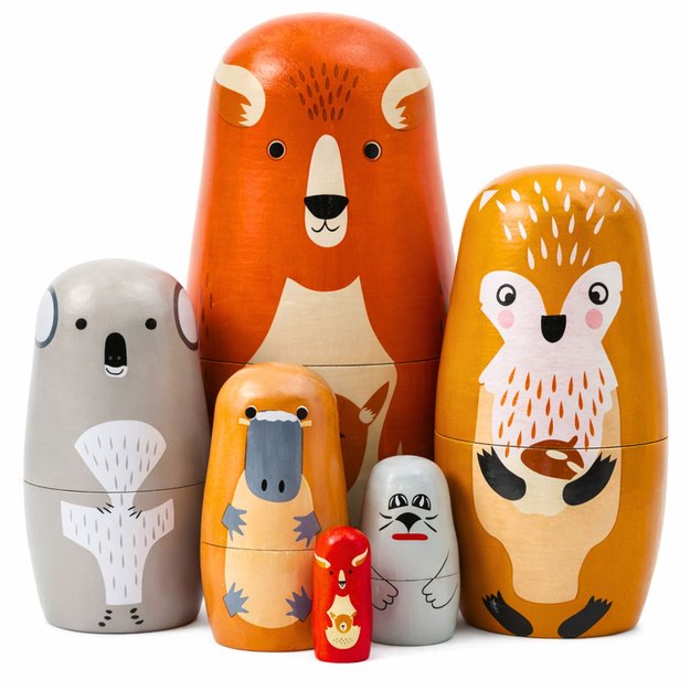 Medinis bokšto matrioškos dėlionė - miško gyvūnai - 6 vnt. rinkinys 1