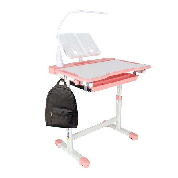 Vaiki&scaron;kas ra&scaron;omasis stalas su stalčiumi, kėdės lempa rožinės spalvos