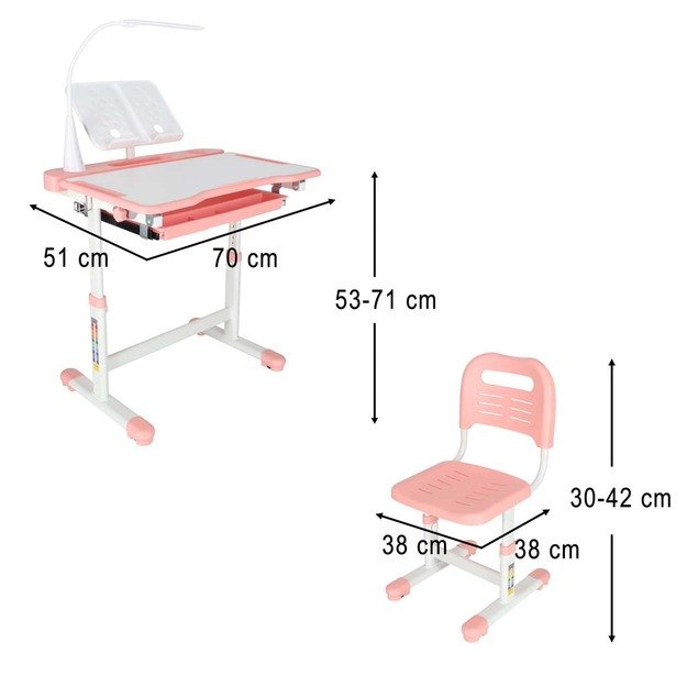 Vaiki&scaron;kas ra&scaron;omasis stalas su stalčiumi, kėdės lempa rožinės spalvos
