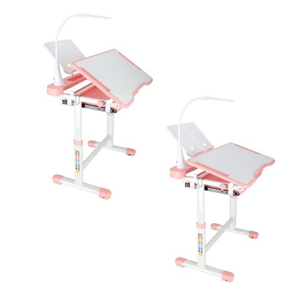 Vaiki&scaron;kas ra&scaron;omasis stalas su stalčiumi, kėdės lempa rožinės spalvos