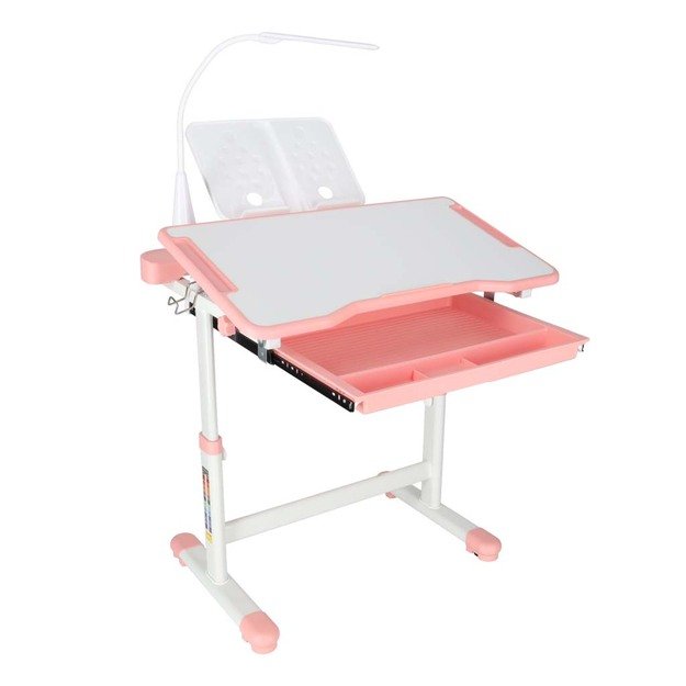 Vaiki&scaron;kas ra&scaron;omasis stalas su stalčiumi, kėdės lempa rožinės spalvos