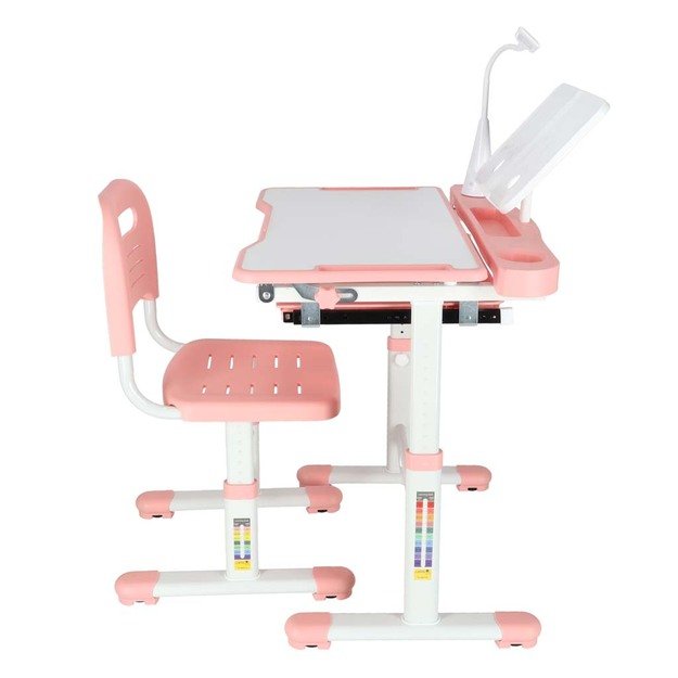 Vaiki&scaron;kas ra&scaron;omasis stalas su stalčiumi, kėdės lempa rožinės spalvos