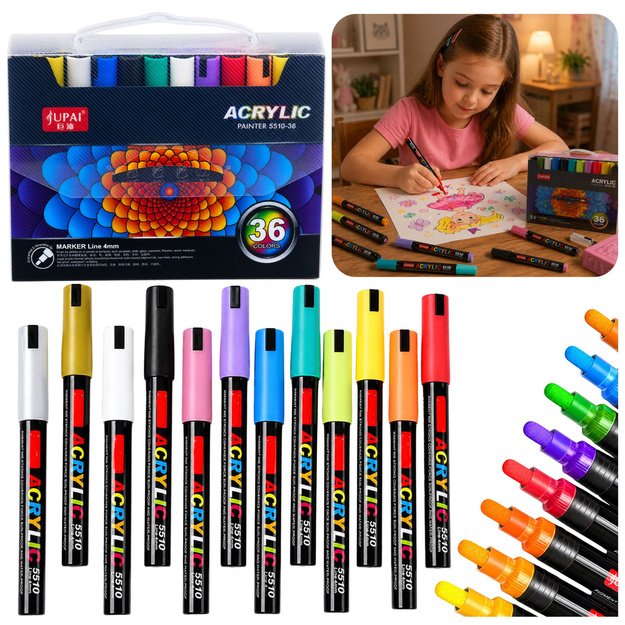 Set of Acrylic Markers, Felt-Tip Pens, Waterproof Markers, Case 36 pcs.