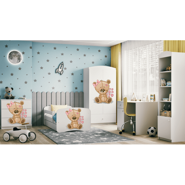 Babydreams baltos spalvos gėlių meškiuko lova su stalčiumi, kokoso čiužinys 180/80 6