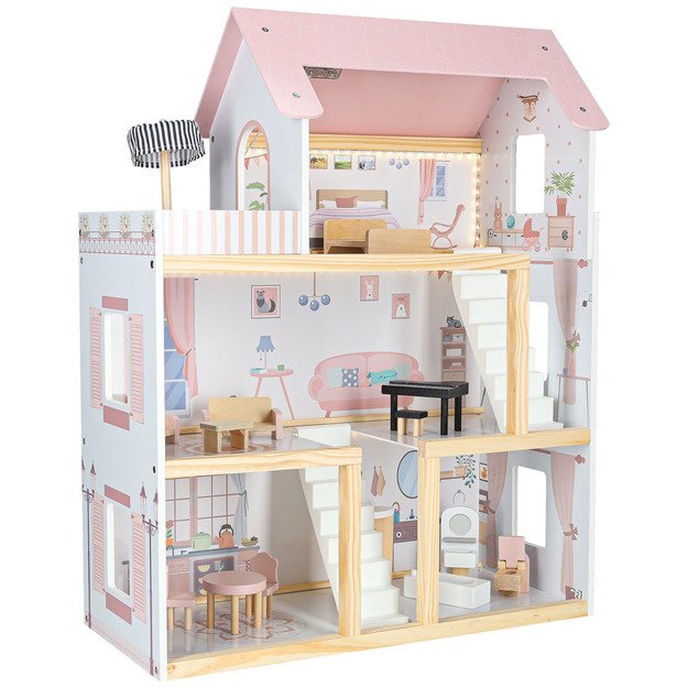 Domek dla lalek drewniany mebelki 78cm r&oacute;ż LED