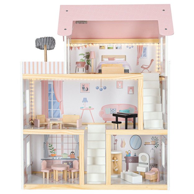 Domek dla lalek drewniany mebelki 78cm r&oacute;ż LED