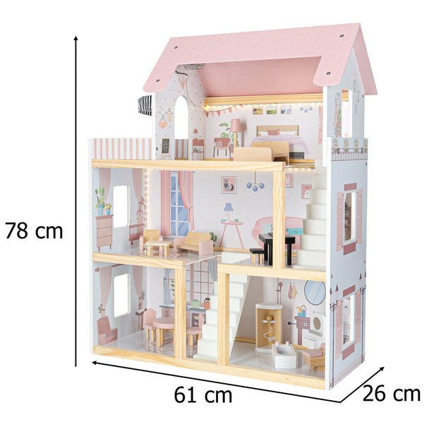 Domek dla lalek drewniany mebelki 78cm r&oacute;ż LED