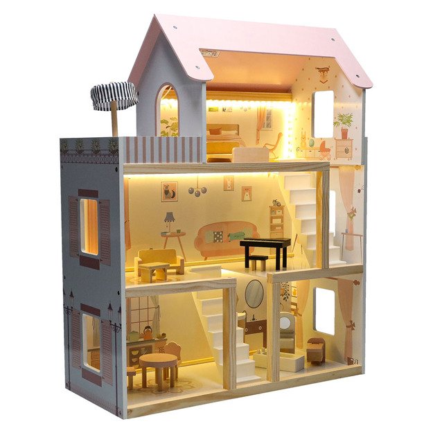 Domek dla lalek drewniany mebelki 78cm r&oacute;ż LED