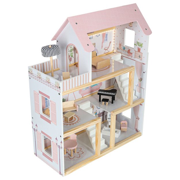 Domek dla lalek drewniany mebelki 78cm r&oacute;ż LED