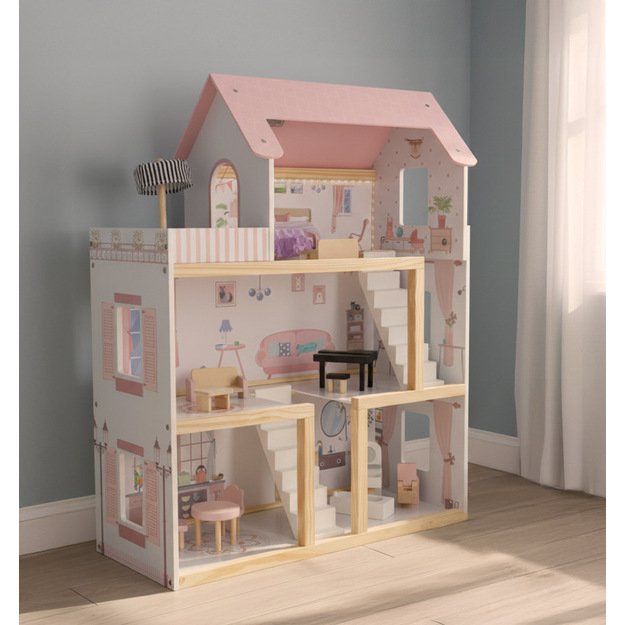 Domek dla lalek drewniany mebelki 78cm r&oacute;ż LED