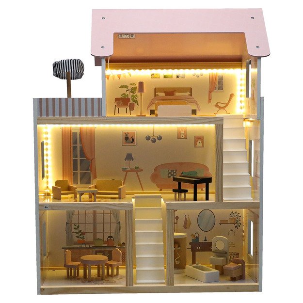 Domek dla lalek drewniany mebelki 78cm r&oacute;ż LED