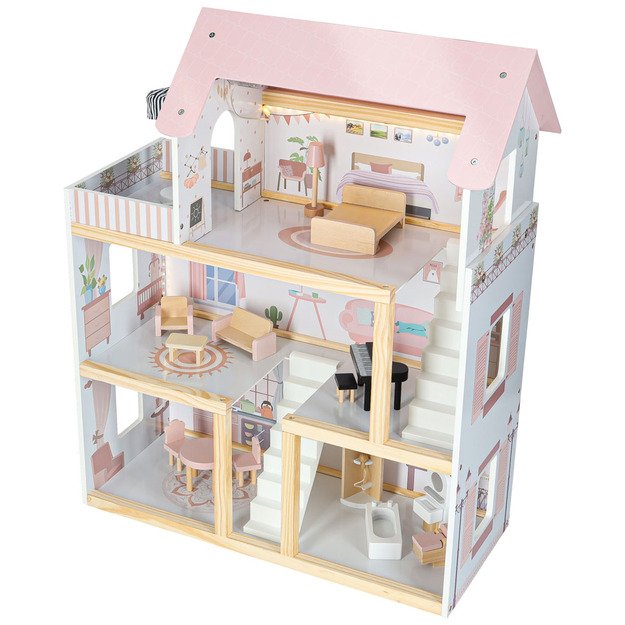 Domek dla lalek drewniany mebelki 78cm r&oacute;ż LED
