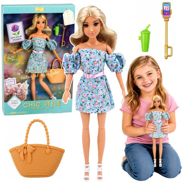 Anlily Fashion Doll in Blue Floral Dress, Bag, and Accessories Set
