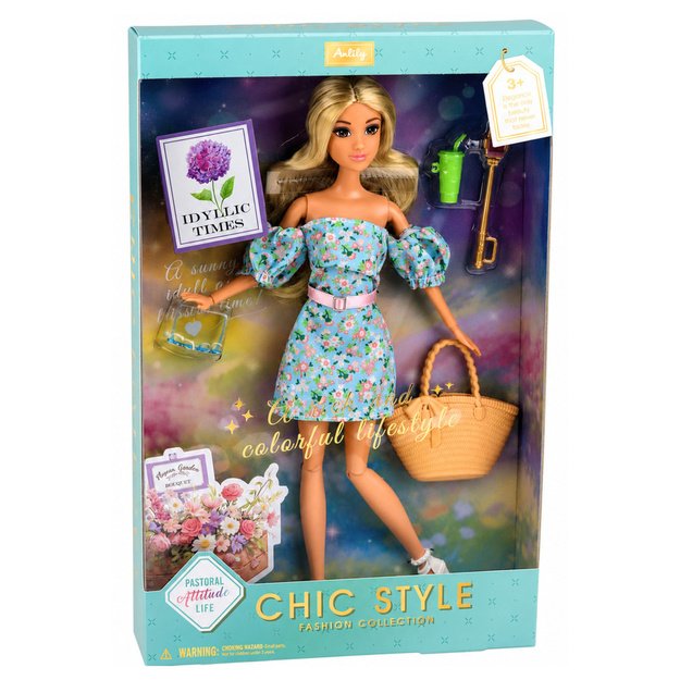 Anlily Fashion Doll in Blue Floral Dress, Bag, and Accessories Set