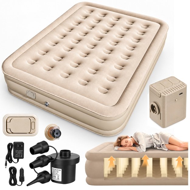 2-Person Inflatable Mattress with Electric Pump, Pillow, Beige, 198x152 cm