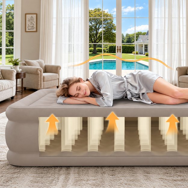 2-Person Inflatable Mattress with Electric Pump, Pillow, Beige, 198x152 cm