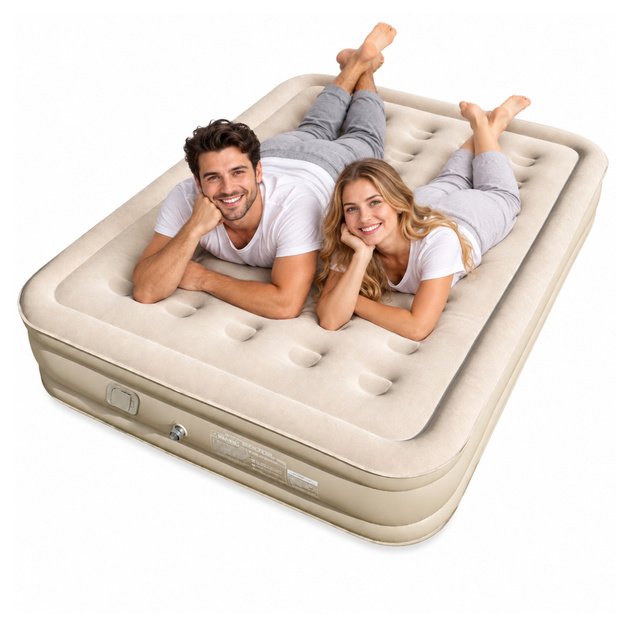 2-Person Inflatable Mattress with Electric Pump, Pillow, Beige, 198x152 cm