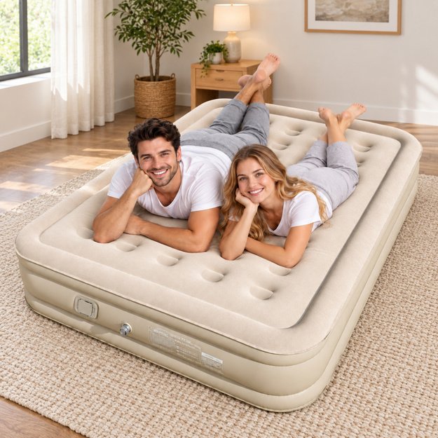 2-Person Inflatable Mattress with Electric Pump, Pillow, Beige, 198x152 cm