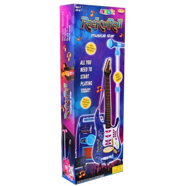 Pink electric guitar with microphone and amplifier