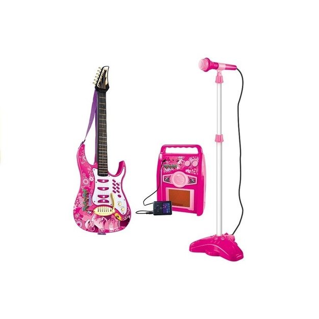 Pink electric guitar with microphone and amplifier