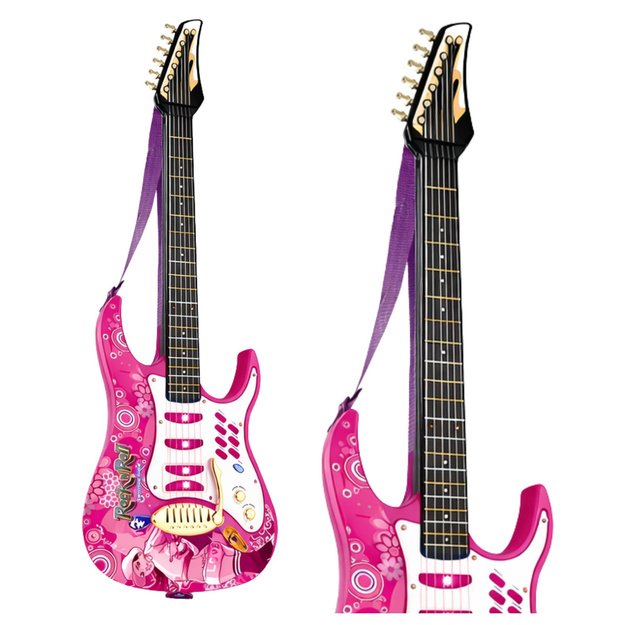 Pink electric guitar with microphone and amplifier