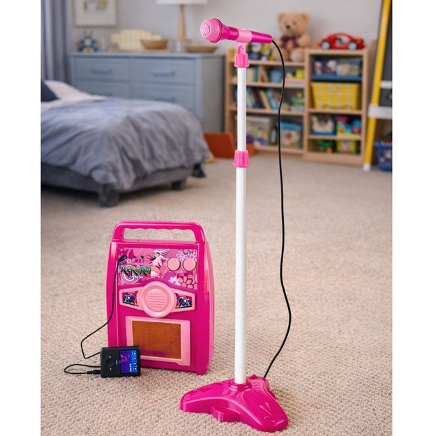 Pink electric guitar with microphone and amplifier