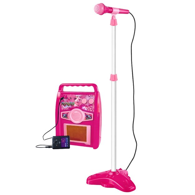 Pink electric guitar with microphone and amplifier