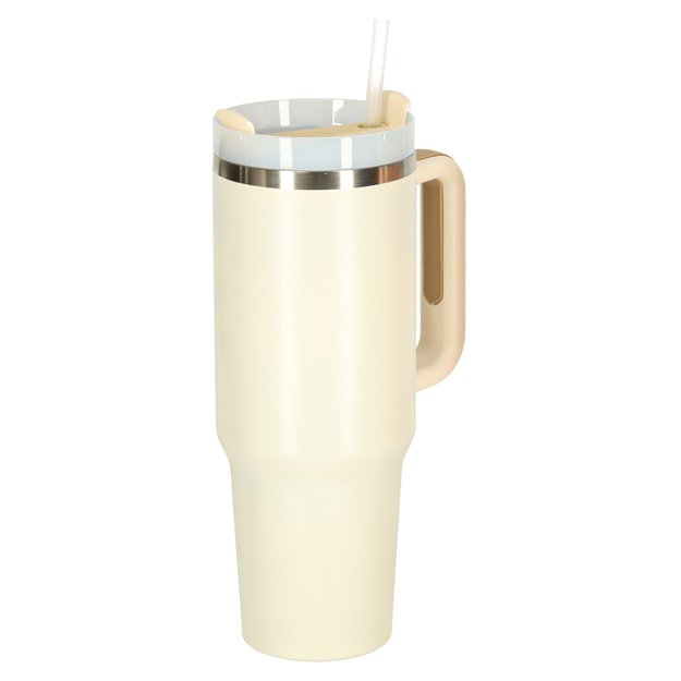 Termo puodelis su šiaudeliu ir rankenėle termosas 1200ml kreminės spalvos 3