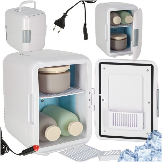 Elektrinis automobilinis mini kelioninis šaldytuvas maistui, kosmetikai, šildymui, šaldymui 2in1, 4L, baltos spalvos