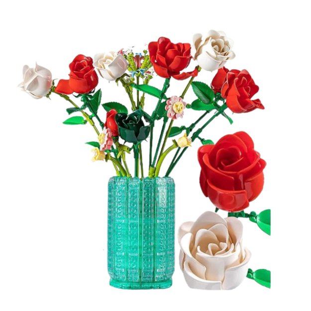 Construction Blocks Bouquet of Roses in a Vase White Red 1022 pcs. 1