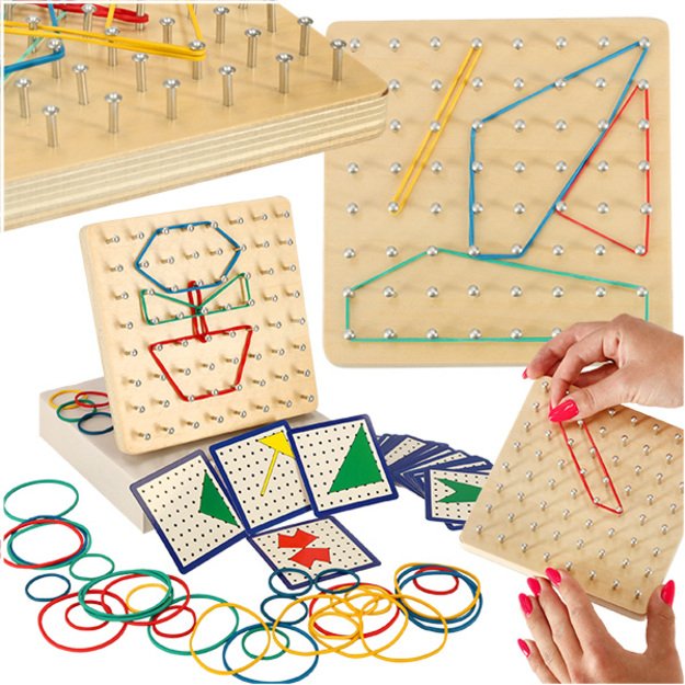 Wooden geolent puzzle with rubber bands