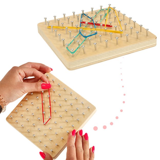 Wooden geolent puzzle with rubber bands