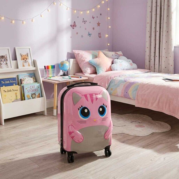 Vaiki&scaron;kas kelioninis lagaminas ant ratukų katė rožinės spalvos