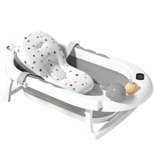 Foldable Baby Bathtub with Thermometer and Mattress with Stars, Gray 3