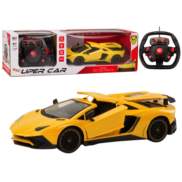 RC sportinis automobilis 1:12, atidaromos durys geltonos spalvos