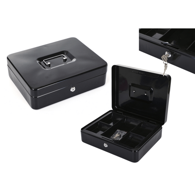 Cash Box Metal With Compartments 2 Keys Black