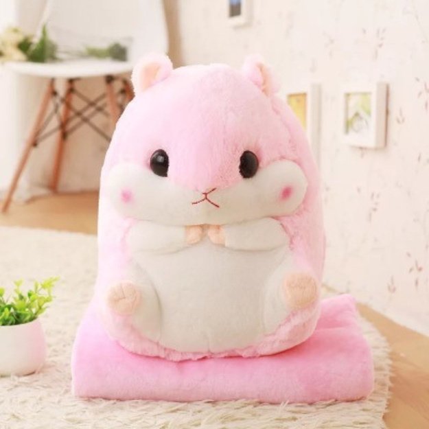 Plush Hamster Hand Warmer Blanket 190 x 100 cm 3in1 Pink 35cm 1
