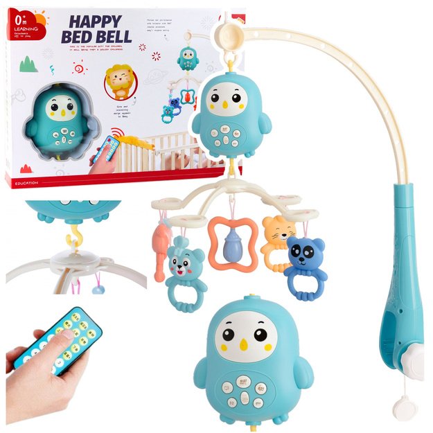 Crib Carousel Music Box with Lamp Rattles Teddy Bears Blue