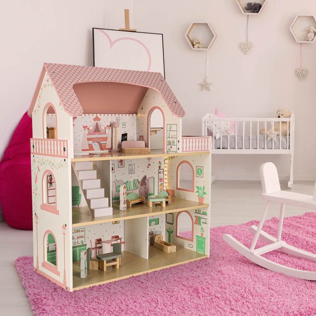 LULILO Peonio medinis lėlių namelis 70 cm LED rožinis 14
