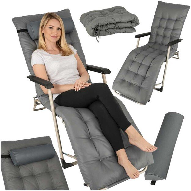 LUARO sodo gultas turistinė sulankstoma kėdė su pagalvėle pilka