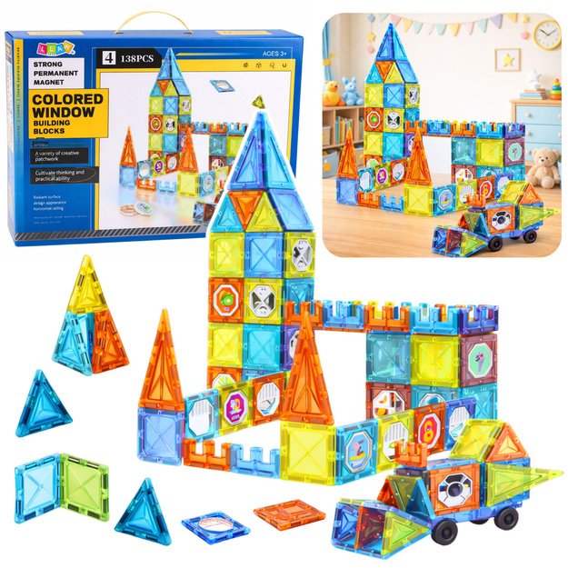 Magnetiniai edukaciniai blokeliai langams su 3D transporto priemonių lipdukais, 138 vnt.