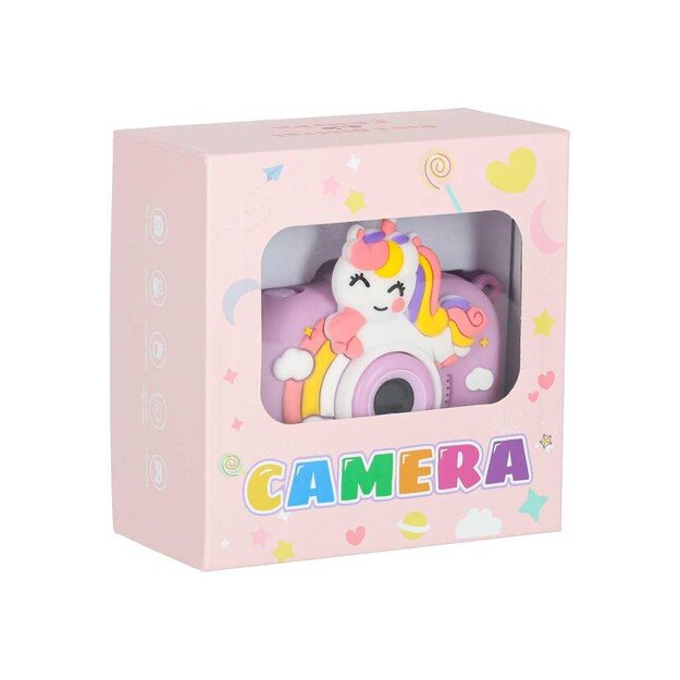 Vaiki&scaron;kas skaitmeninis fotoaparatas ant trikojo vienaragis violetinės spalvos