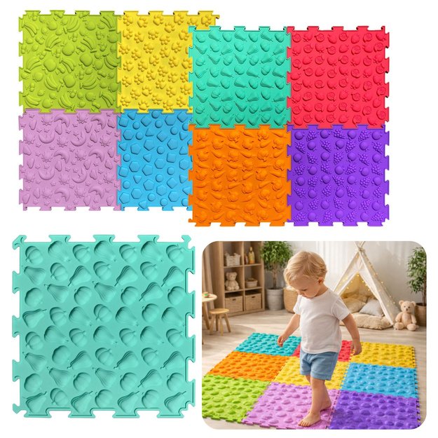 Sensorinio tako dėlionės plytelės, įvairios struktūros, spalvos, 24,5 cm, 10 vnt.