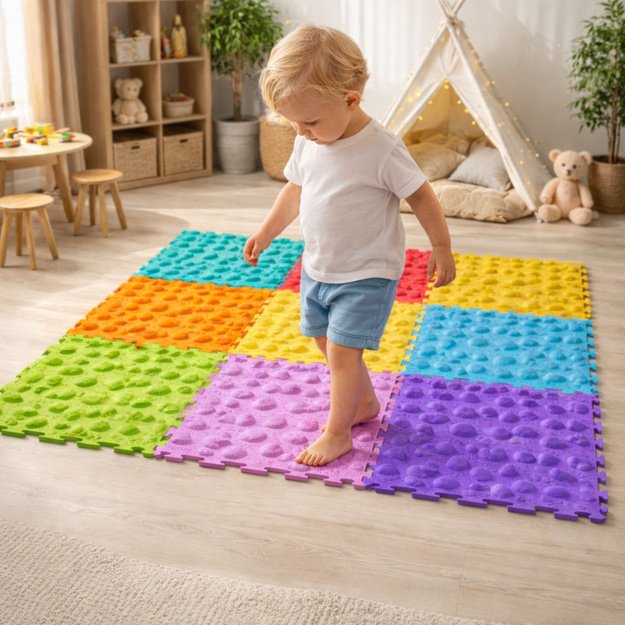 Sensorinio tako dėlionės plytelės, įvairios struktūros, spalvos, 24,5 cm, 10 vnt.