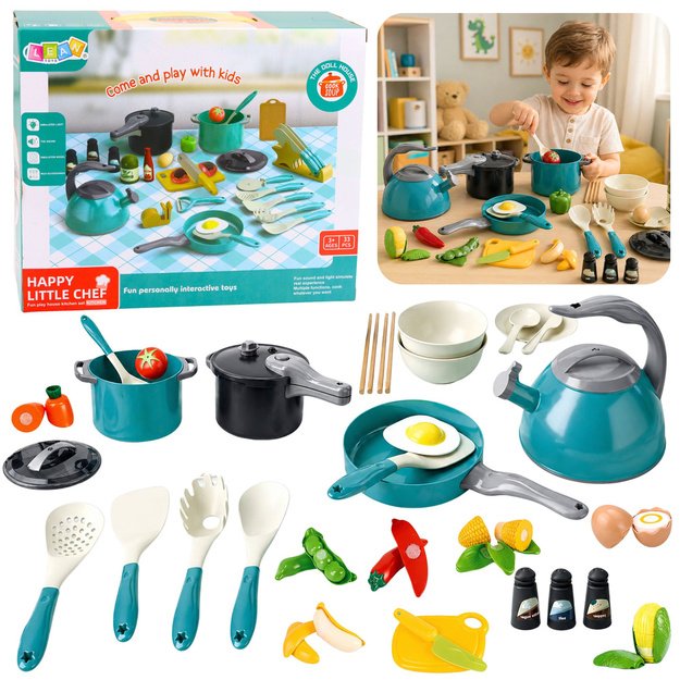 Little Chef s Set - Kitchen Pots, Dishes, Kettle, Turquoise, 33 Pieces