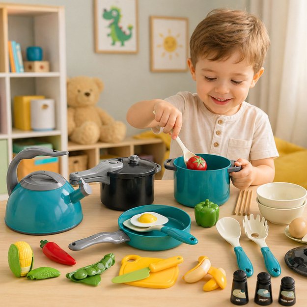 Little Chef s Set - Kitchen Pots, Dishes, Kettle, Turquoise, 33 Pieces