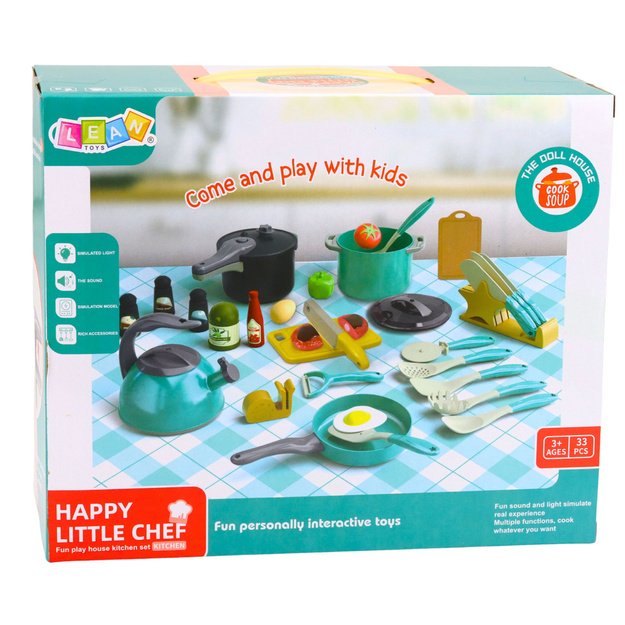 Little Chef s Set - Kitchen Pots, Dishes, Kettle, Turquoise, 33 Pieces